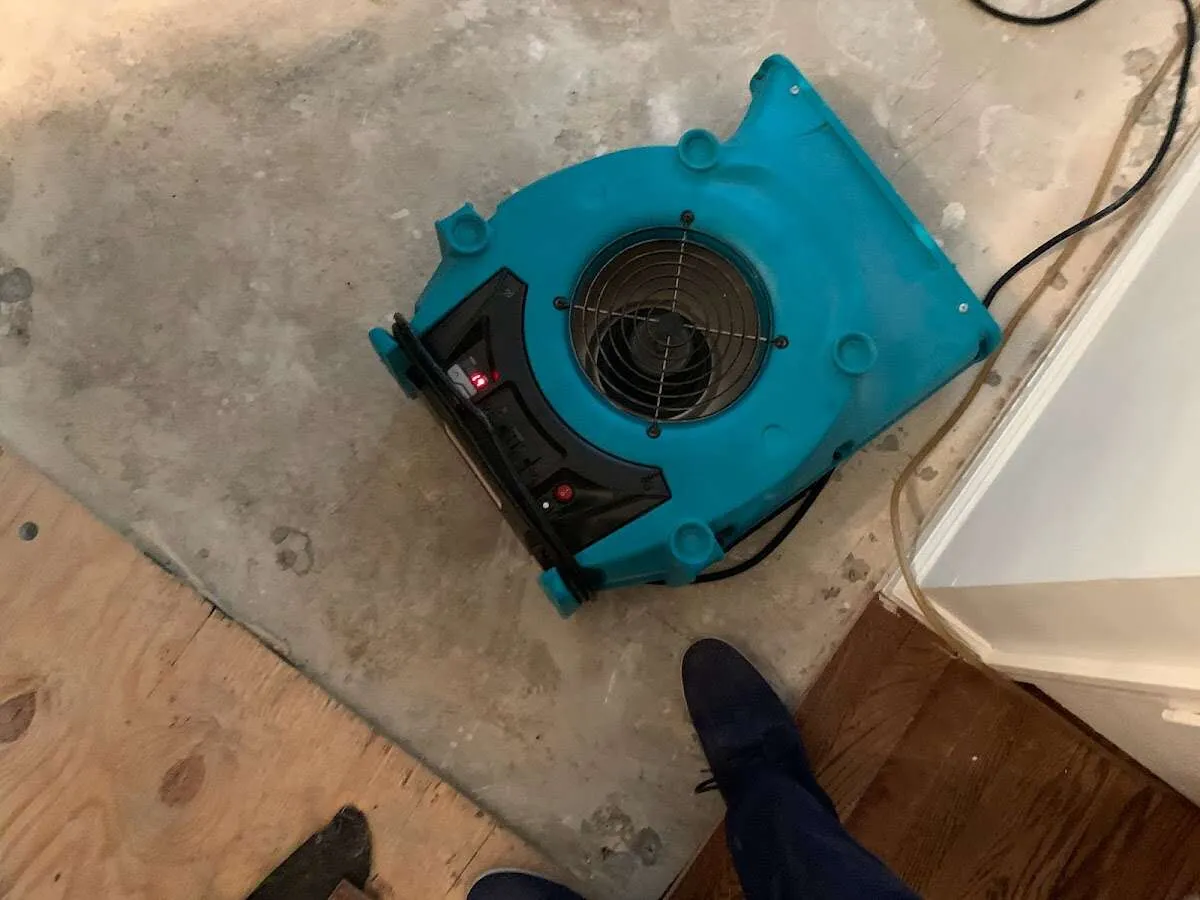 Air mover drying subfloor during Leak Detection & Repair in Chocolay